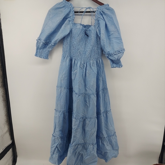 Hill House The Nesli Nap Tiered Midid Dress Blue with Silver Threading - Picture 7 of 7